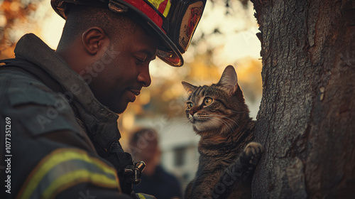 Obraz na płótnie Firefighter Rescuing a Cat From a Tree During a Golden Hour, Showcasing Dedication and Compassion in a Community Setting w salonie