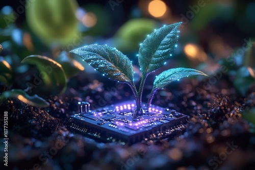 Futuristic tree sprouting from a microchip, glowing green leaves photo