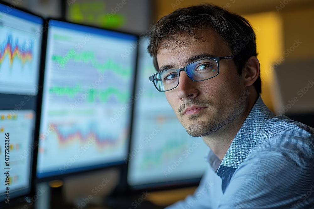 Focused man analyzing data on multiple computer screens Focused man analyzing data on multiple computer screens