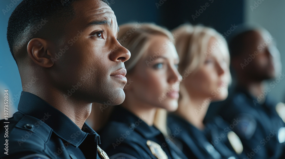 A Group of Police Officers Attentively Listening During a Training Session, Focusing on Professional Development and Teamwork in a Well-Lit Classroom Setting