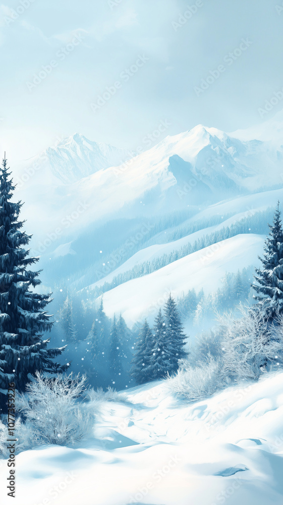 Fototapeta premium Watercolor style, idyllic winter landscape with snow covered hills and trees. Beautiful winter landscape with mountains, cold temperature. Wilderness, environment, no houses or industry.