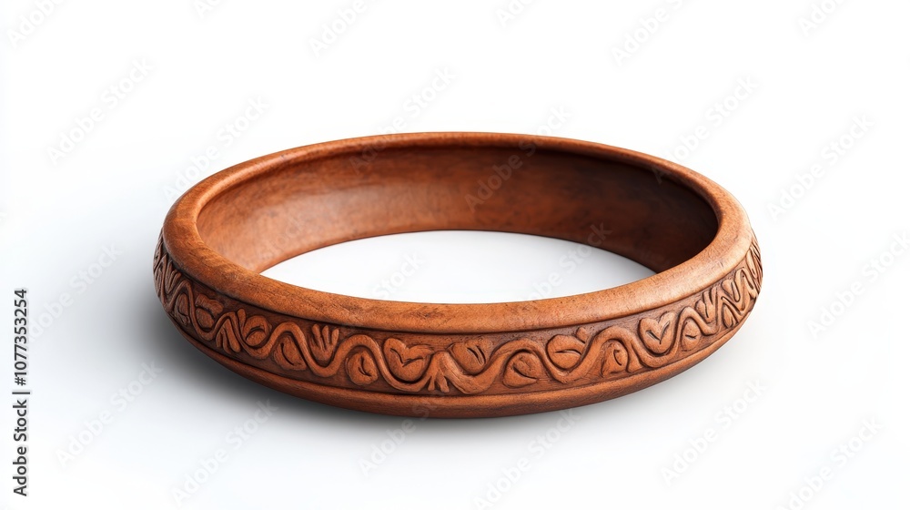 Intricately carved wooden bangle bracelet with elegant patterns on white background Intricately carved wooden bangle bracelet with elegant patterns on white background