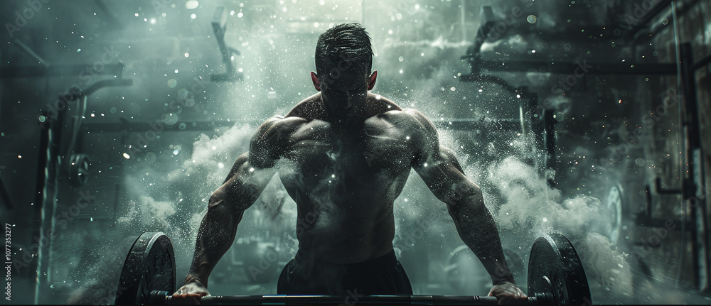 A Muscular Man Performs an Intense Weightlifting Session in a Dimly Lit Gym Filled With Smoke and Dramatic Lighting, Showcasing Determination and Strength Amidst a Challenging Workout