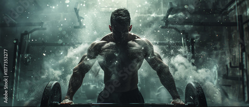 A Muscular Man Performs an Intense Weightlifting Session in a Dimly Lit Gym Filled With Smoke and Dramatic Lighting, Showcasing Determination and Strength Amidst a Challenging Workout