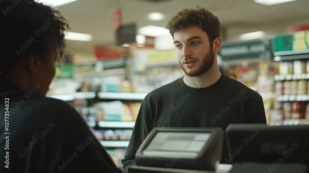 A Young Man in a Black Sweater Serves a Customer at a Convenience Store, Engaging in Conversation During the Afternoon Shift