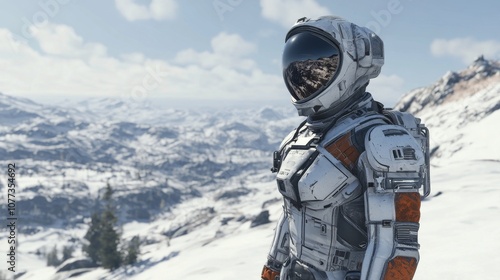 Astronaut exploring a snowy alien landscape under a clear blue sky during daylight hours