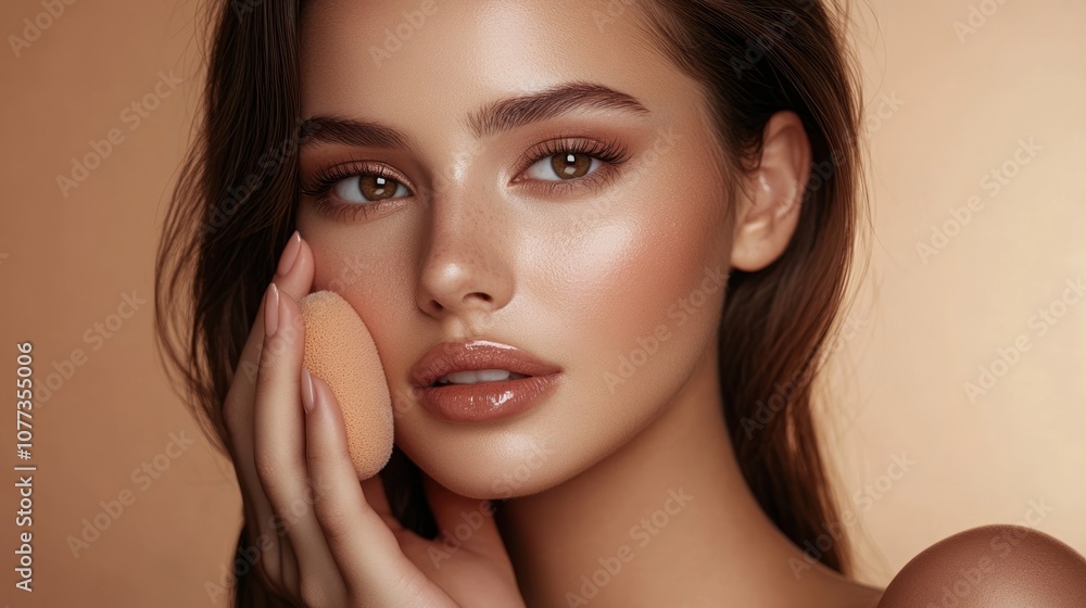 Obraz premium Close-up of Beautiful Woman with Makeup Sponge