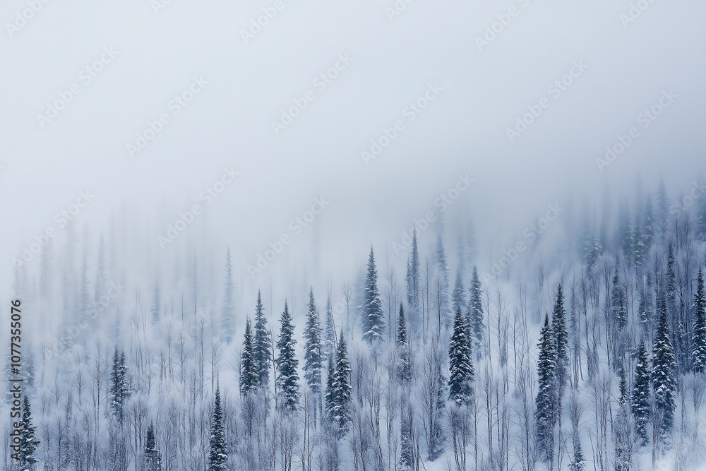 Snow-covered pine forest with dense fog Snow-covered pine forest with dense fog