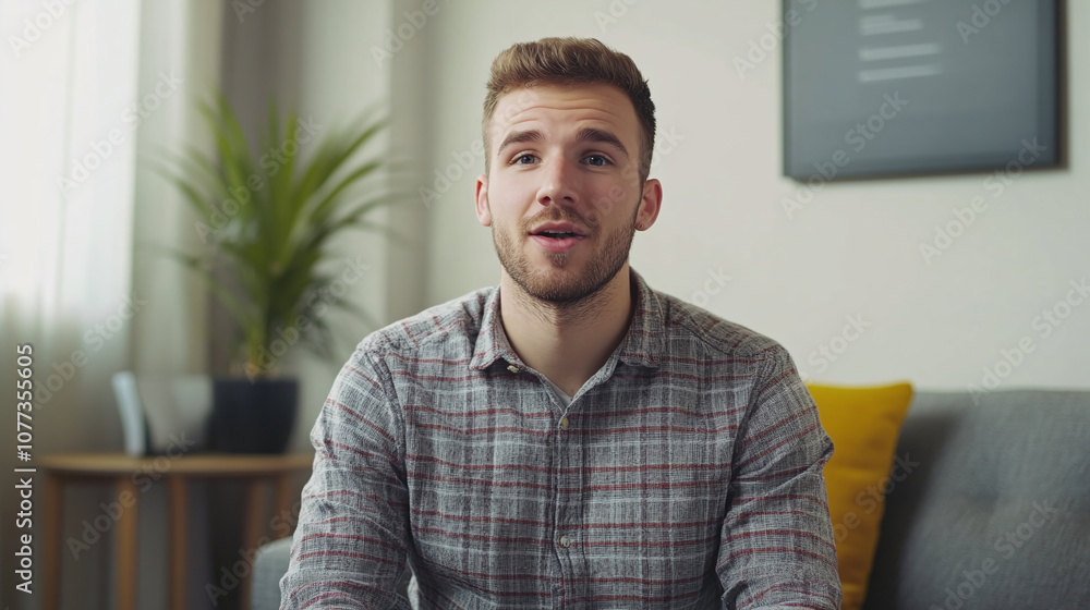 A Young Man Sits Comfortably on a Gray Couch in a Well-Lit Living Room While Speaking Directly to the Camera About Personal Experiences and Insights During a Casual Conversation