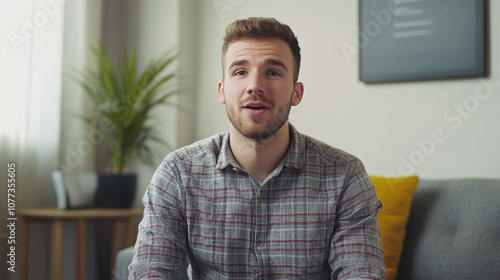 Obraz na płótnie A Young Man Sits Comfortably on a Gray Couch in a Well-Lit Living Room While Speaking Directly to the Camera About Personal Experiences and Insights During a Casual Conversation w salonie