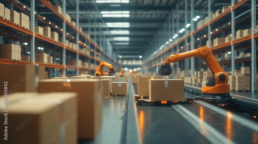 Robotic Arm Moving Cardboard Boxes on a Conveyor Belt in a Warehouse