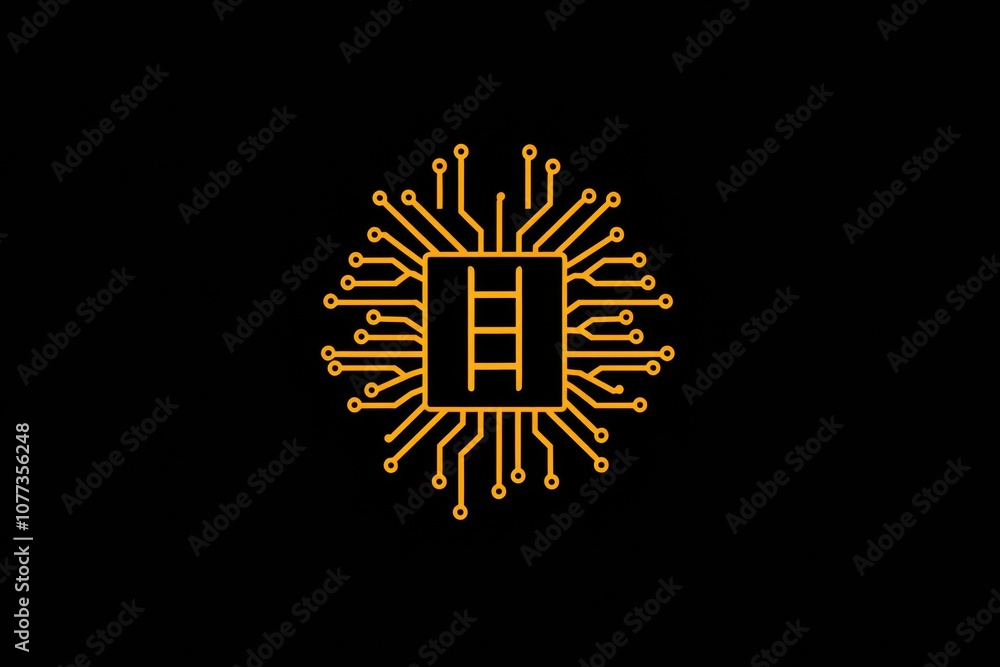 Fototapeta premium A microchip icon is centered against a dark background, surrounded by intricate digital traces representing advanced technology and connectivity. Generative AI
