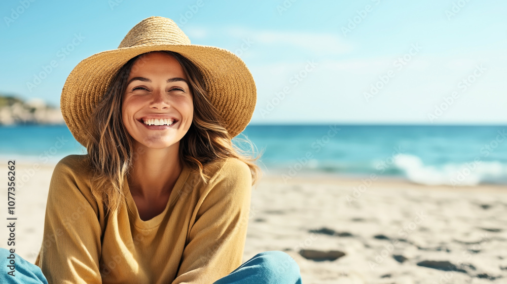 Smiling woman wearing a wide-brimmed straw hat and yellow sweater sitting on a sandy beach with a bright blue ocean in the background on a sunny day.