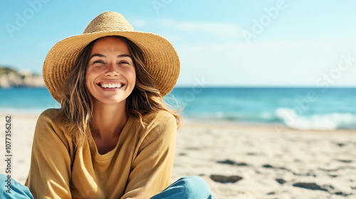Smiling woman wearing a wide-brimmed straw hat and yellow sweater sitting on a sandy beach with a bright blue ocean in the background on a sunny day.