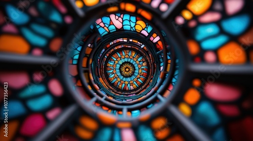 This image features a vibrant spiral made of colorful stained glass, showcasing intricate patterns in a kaleidoscopic view that draws the eye inward with depth and style.