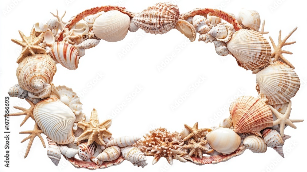 Obraz premium Seashells and starfish frame: coastal beach theme with marine shells and coral decor