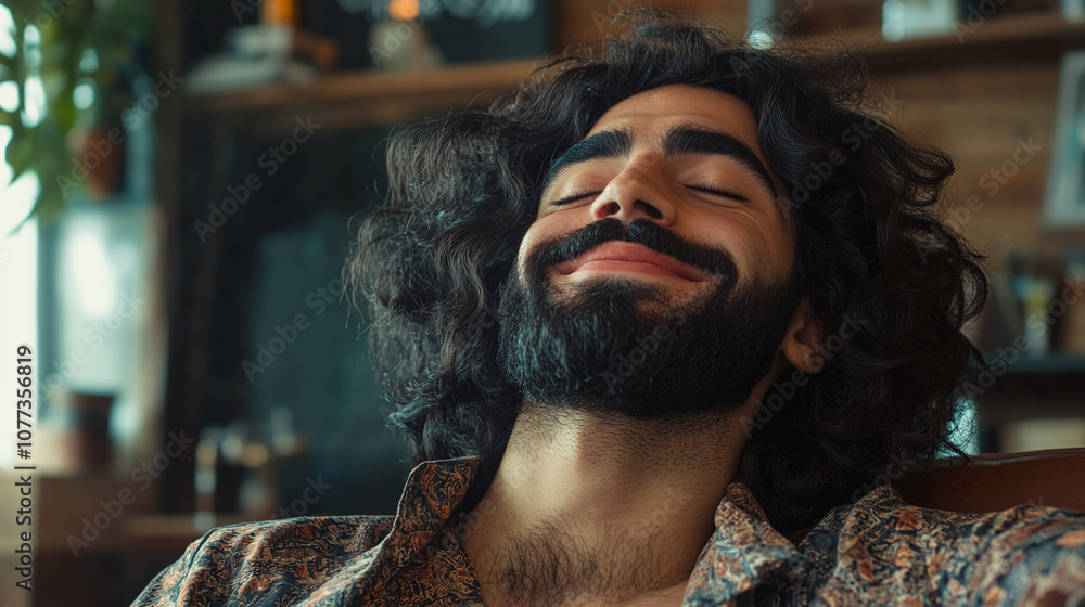 Relaxed Man With Curly Hair and a Beard Enjoying a Moment of Tranquility in a Cozy Café During the Afternoon, Surrounded by Warm Lighting and Wooden Decor Relaxed Man With Curly Hair and a Beard Enjoying a Moment of Tranquility in a Cozy Café During the Afternoon, Surrounded by Warm Lighting and Wooden Decor