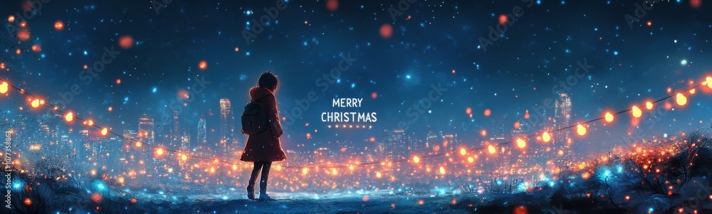 Merry christmas, a girl standing on a hill looking at a city