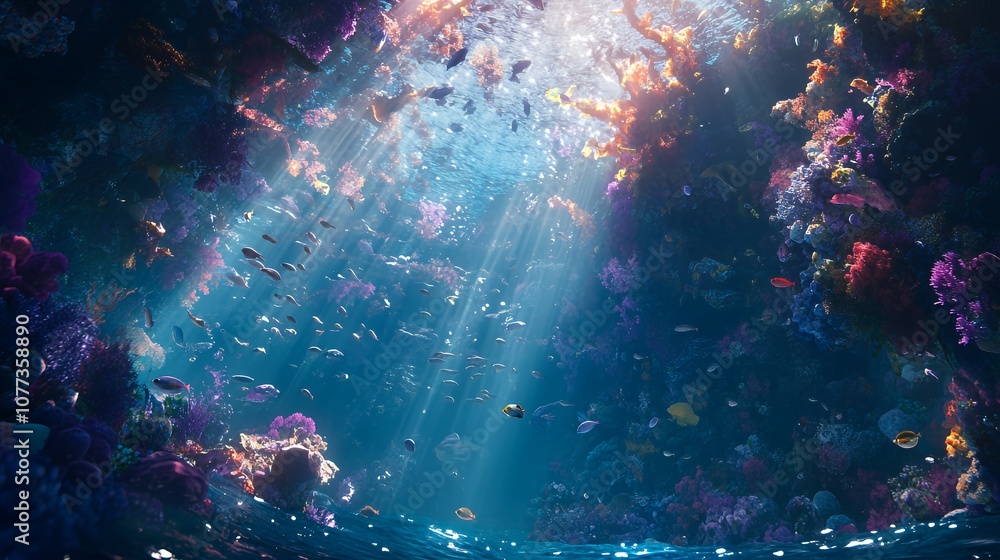 Sunlight shines through the surface of the ocean onto colorful coral and fish. Sunlight shines through the surface of the ocean onto colorful coral and fish.