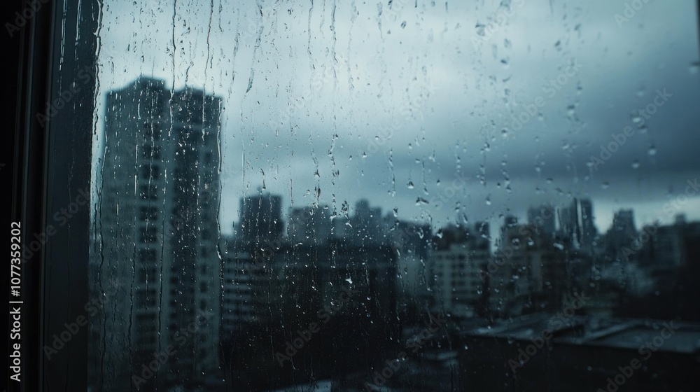 Fototapeta premium Rainy Day Cityscape Through Window