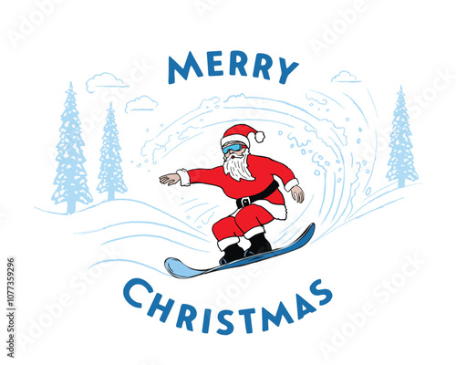 Merry Christmas" vector graphic Christmas card for snowboarders. Santa sliding on snowboard at high speed. Cartoon style Santa Claus. For posters, banners, sales and other winter events.