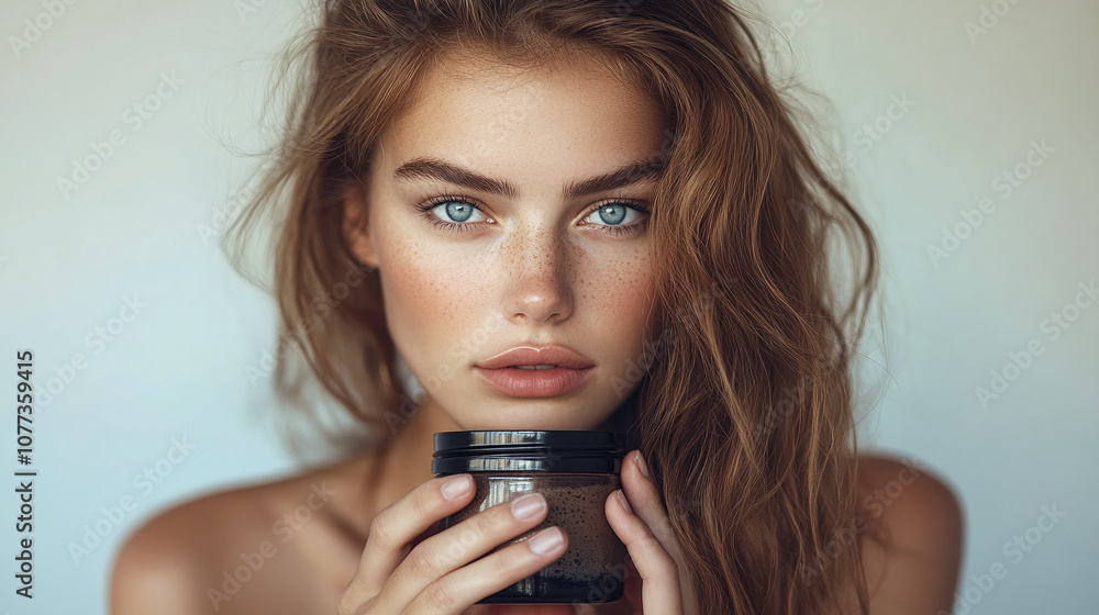 A Young Woman With Long, Wavy Hair Holding a Jar of Skincare Product, Showcasing Her Natural Beauty and Clear Skin in a Softly Lit Indoor Setting A Young Woman With Long, Wavy Hair Holding a Jar of Skincare Product, Showcasing Her Natural Beauty and Clear Skin in a Softly Lit Indoor Setting