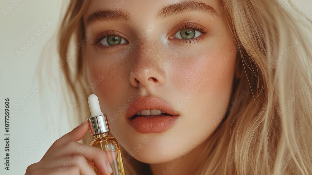 Young Woman With Radiant Skin Holding a Dropper Bottle of Serum, Showcasing a Beauty Routine Indoors During Soft, Natural Light in a Cozy Setting