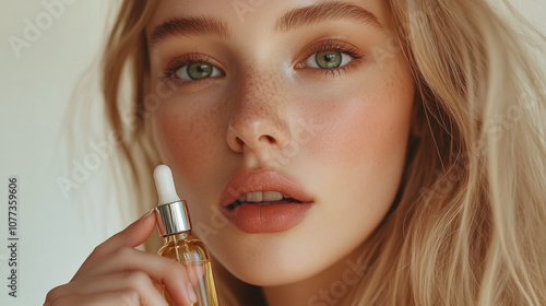 Young Woman With Radiant Skin Holding a Dropper Bottle of Serum, Showcasing a Beauty Routine Indoors During Soft, Natural Light in a Cozy Setting photo