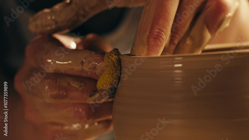 Woman potter works with clay on master class in studio. Working process in ceramic workshop. Potter making vase on pottery wheel. Handmade concept. 