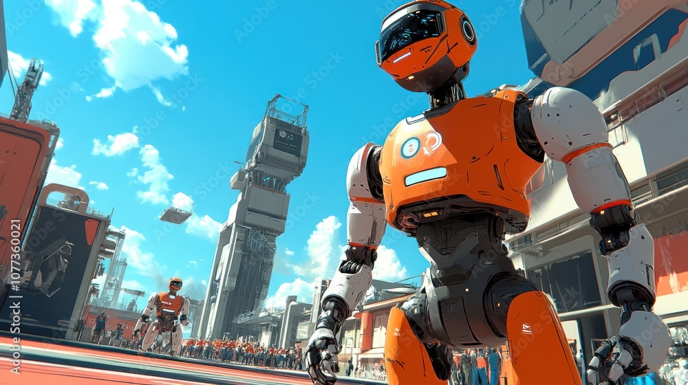 A humanoid robot walks on a futuristic street in a city filled with other robots and buildings. A humanoid robot walks on a futuristic street in a city filled with other robots and buildings.