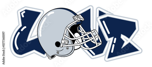 Love - silver, blue and white football player helmet, sport vector graphics, hockey, for street art - graffiti lettering typography - art illustration - multicolor - writen Word -	