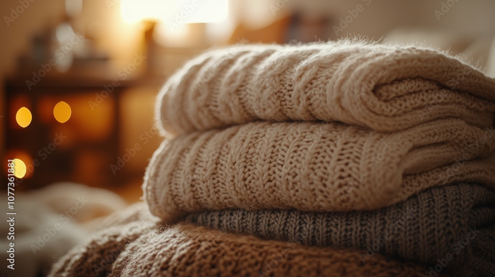 Cozy knit blankets piled together on a soft surface in warm indoor lighting during autumn Cozy knit blankets piled together on a soft surface in warm indoor lighting during autumn