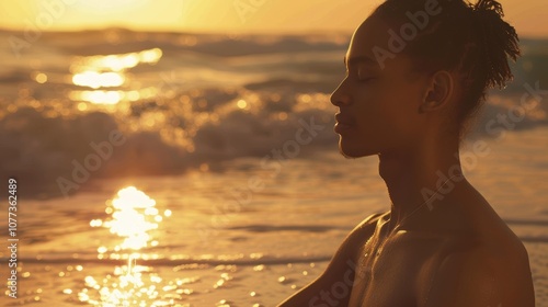 Sunset Meditation: Peaceful Beach Scene with Serenity and Relaxation Concept photo