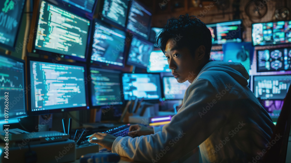 A Young Individual Focusing Intently on Multiple Computer Screens Displaying Code in a Dimly Lit Room Filled With Technology at Night A Young Individual Focusing Intently on Multiple Computer Screens Displaying Code in a Dimly Lit Room Filled With Technology at Night