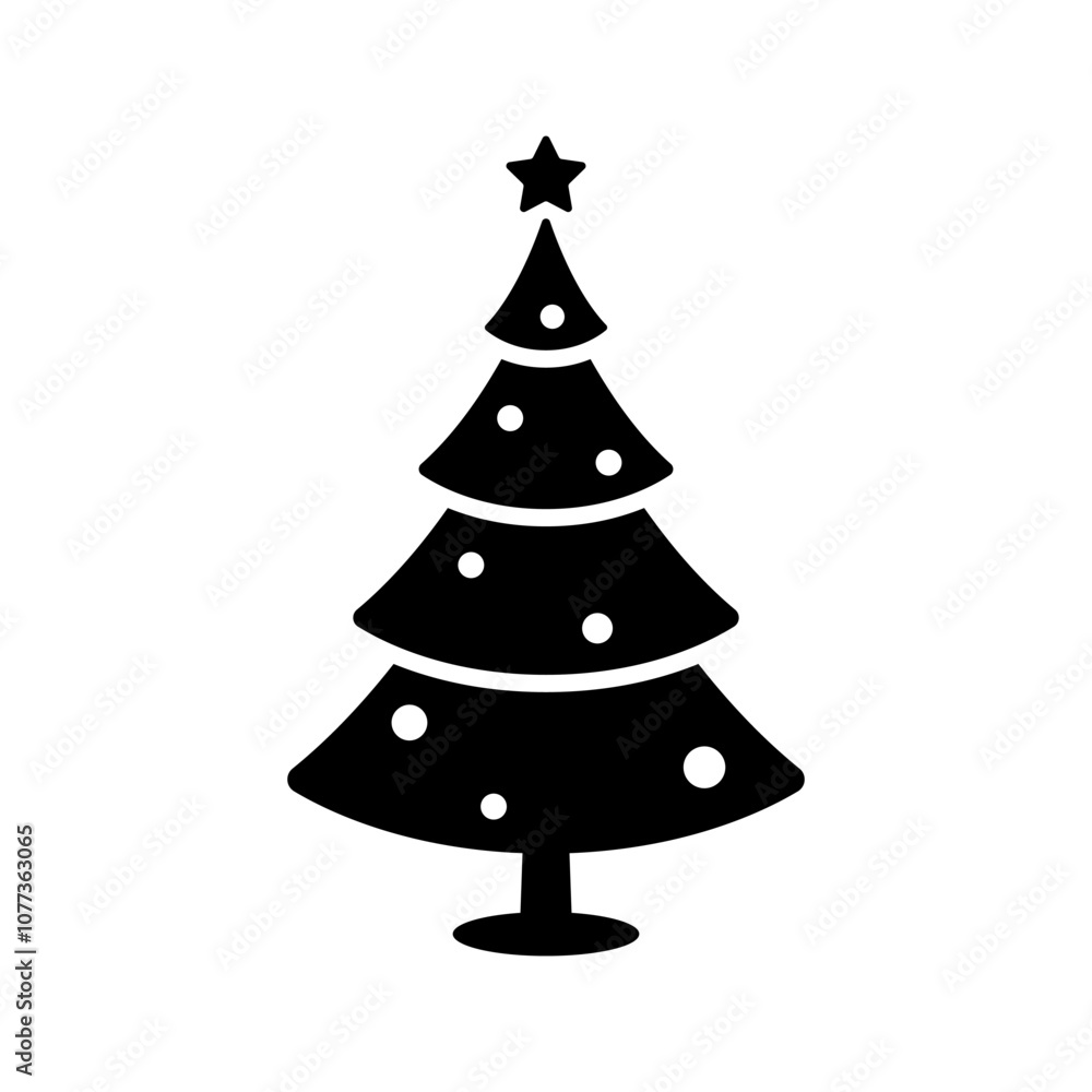 Fototapeta premium Decorated Christmas tree icon. Black silhouette. Front side view. Vector simple flat graphic illustration. Isolated object on white background. Isolate.