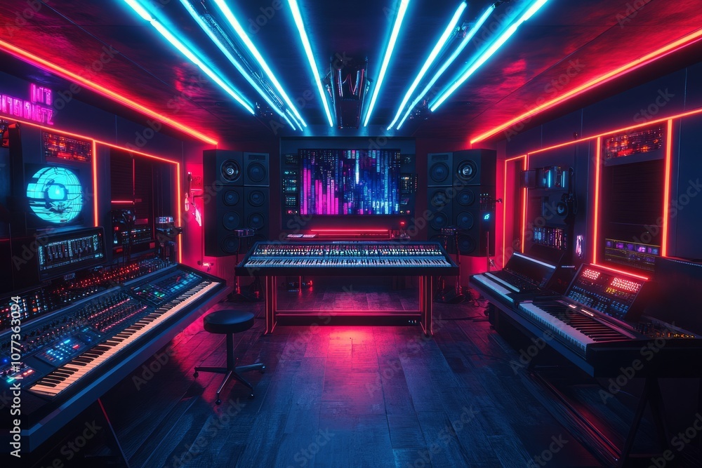 a huge futuristic music studio, cyber punk neon style a huge futuristic music studio, cyber punk neon style