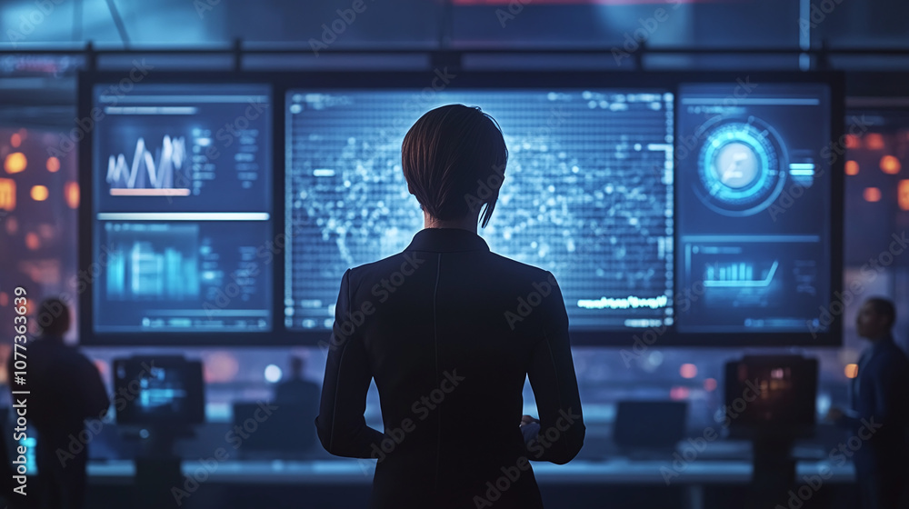 A Business Professional Analyzes Data in a Modern Control Room Filled With Multiple Screens Displaying Graphs and Information During the Evening Hours A Business Professional Analyzes Data in a Modern Control Room Filled With Multiple Screens Displaying Graphs and Information During the Evening Hours