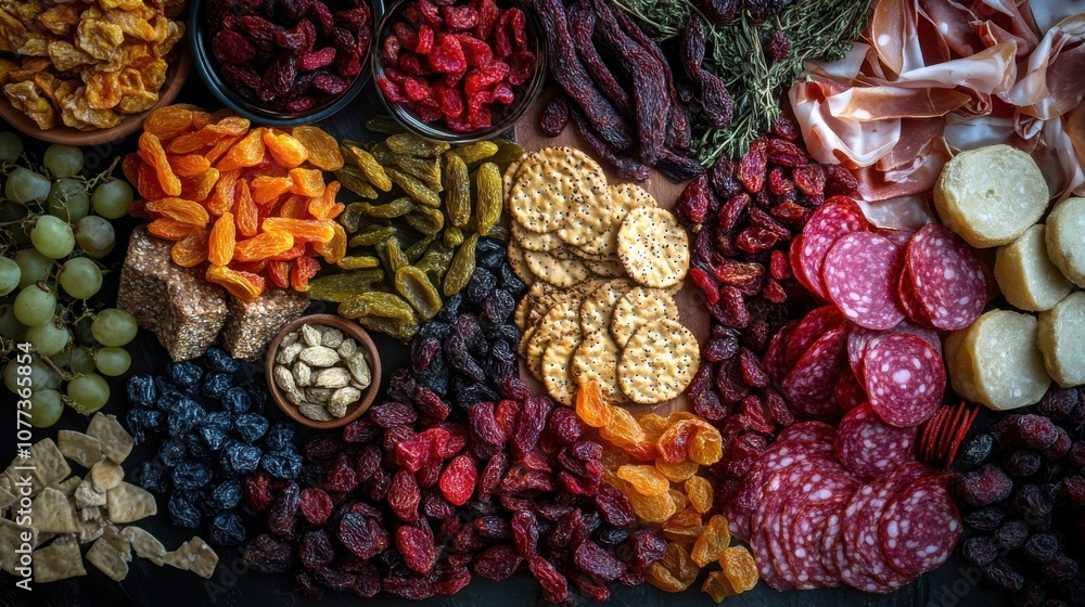 Fototapeta premium Overhead shot of a charcuterie board featuring dried fruits
