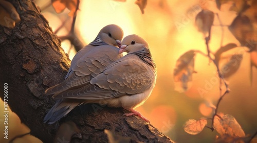 Pair of doves nestled together on a tree photo