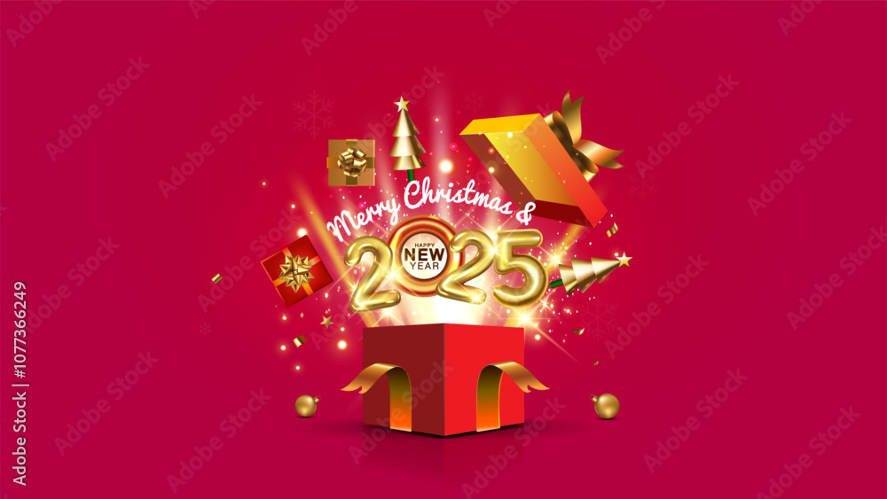 Fototapeta premium Open red gift box with merry christmas elements and new year 2025. Sale offer promotional background.
