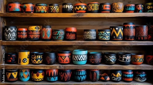 Colorful handcrafted pottery displayed on wooden shelves.