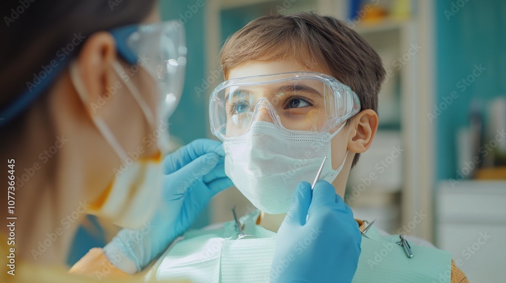 Patient wearing safety glasses and a bib during a routine checkup. Patient wearing safety glasses and a bib during a routine checkup.