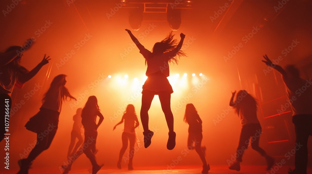 Performance style with energetic jumps and spins on stage. Performance style with energetic jumps and spins on stage.