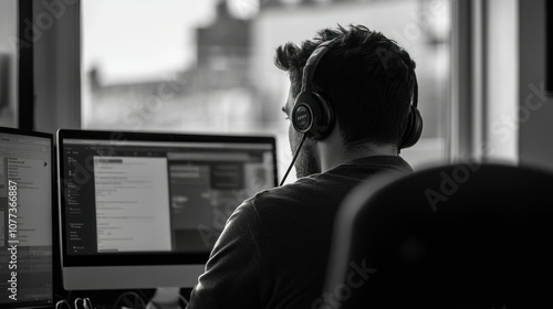 A Man Wearing Headphones Sitting in Front of Two Computers