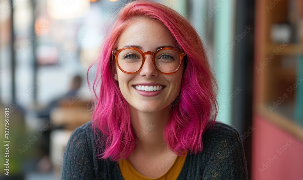 A cheerful woman with bright pink hair and large glasses smiles warmly at the camera, exuding happiness and confidence in a modern, urban setting. A cheerful woman with bright pink hair and large glasses smiles warmly at the camera, exuding happiness and confidence in a modern, urban setting.