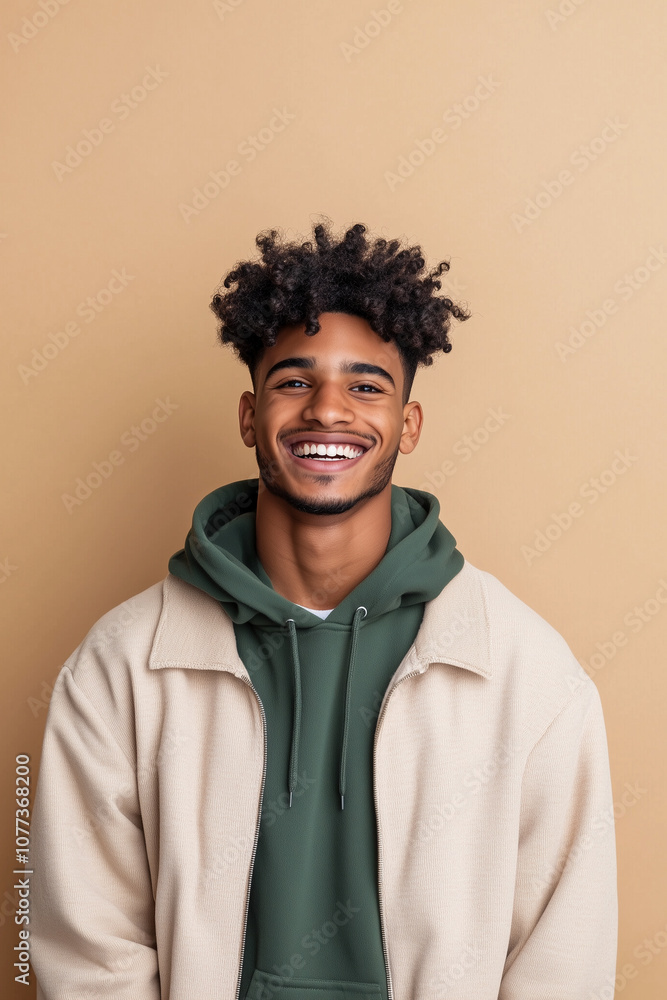 A man with a green hoodie and a tan jacket is smiling A man with a green hoodie and a tan jacket is smiling