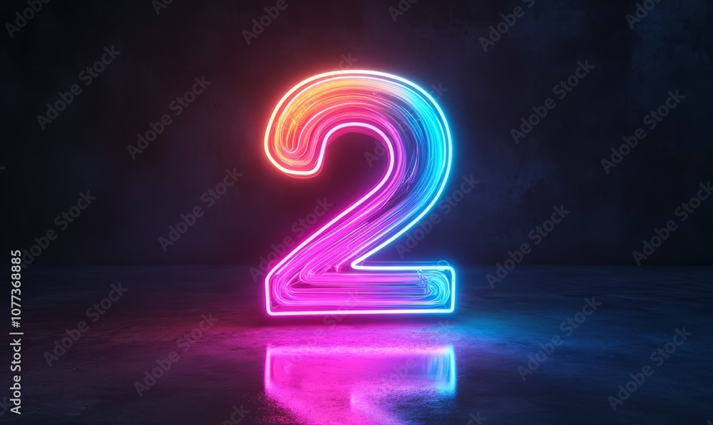 Neon number two. Glowing colorful line inside the glass symbol 2 shape. Top chart Neon number two. Glowing colorful line inside the glass symbol 2 shape. Top chart