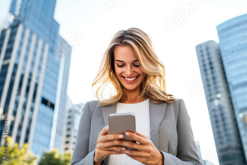 A woman is smiling and looking at her cell phone in front of a tall building