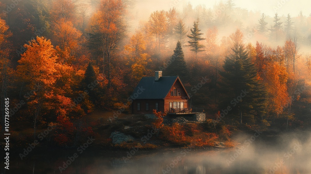 A Wooden Cabin Nestled in a Misty Autumn Forest A Wooden Cabin Nestled in a Misty Autumn Forest