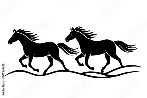 Wild Horses Galloping Across Open Plains Line Art Vector Illustration